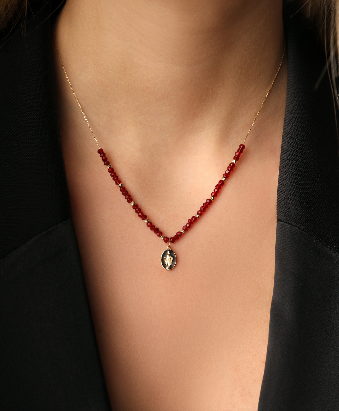 J by boghossian, gold, necklace, virgin mary, black enamel