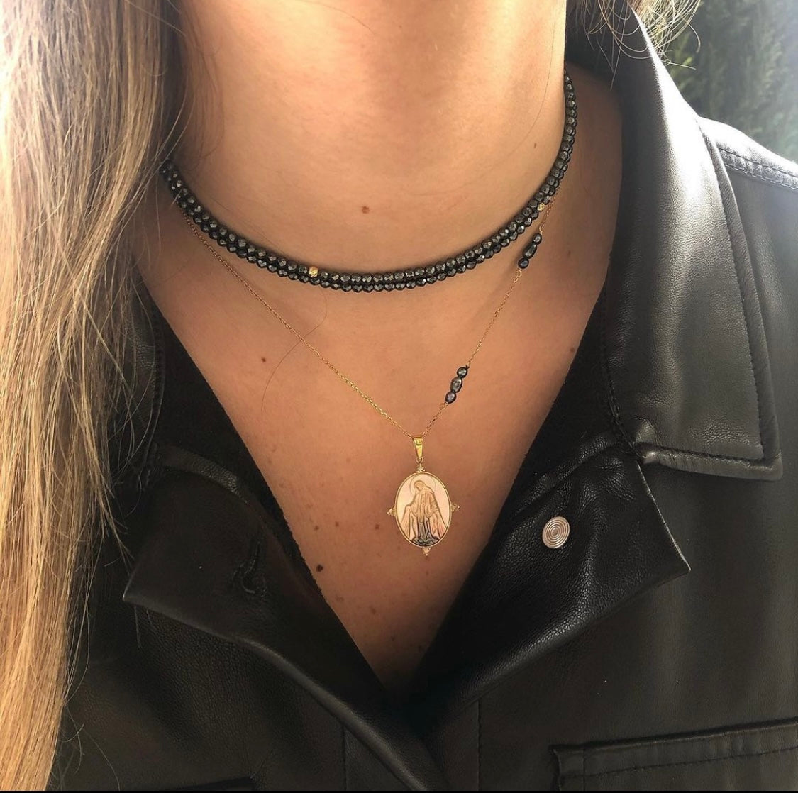 J by boghossian, white diamonds, gold, necklace, Virgin Mary, brown diamonds , pearl