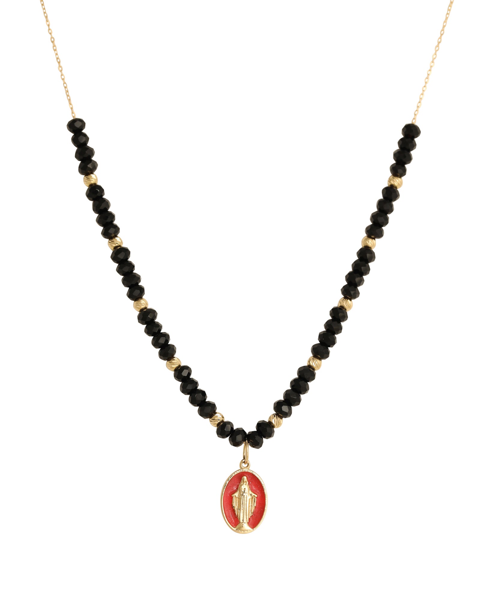 J by boghossian, gold, necklace, virgin mary, orange enamel