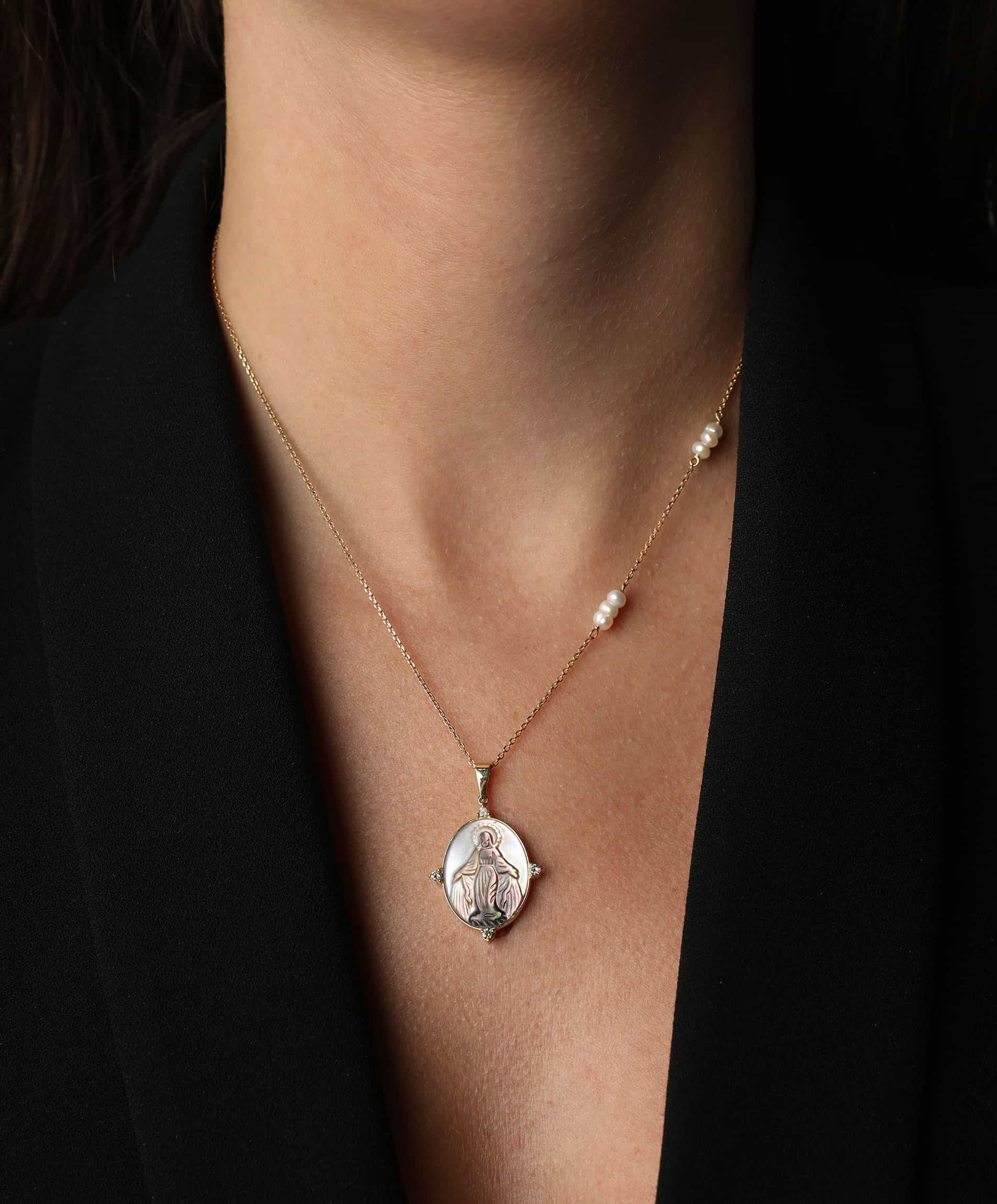 J by boghossian, white diamonds, gold, necklace, Virgin Mary, brown diamonds , pearl