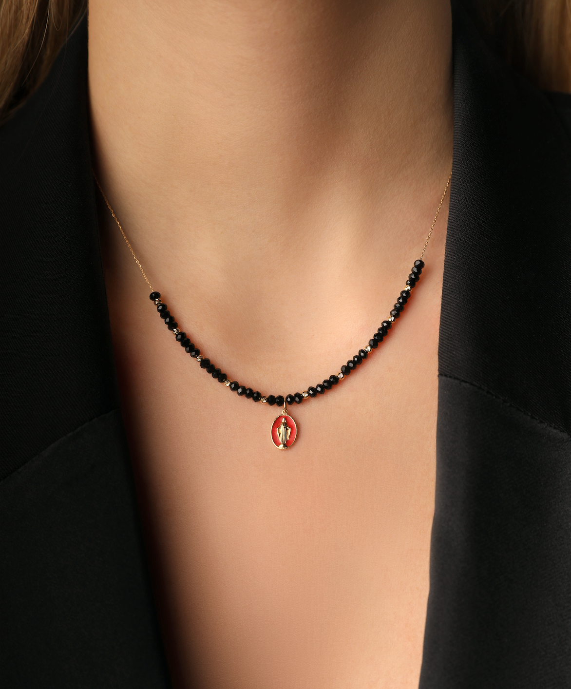 J by boghossian, gold, necklace, virgin mary, orange enamel